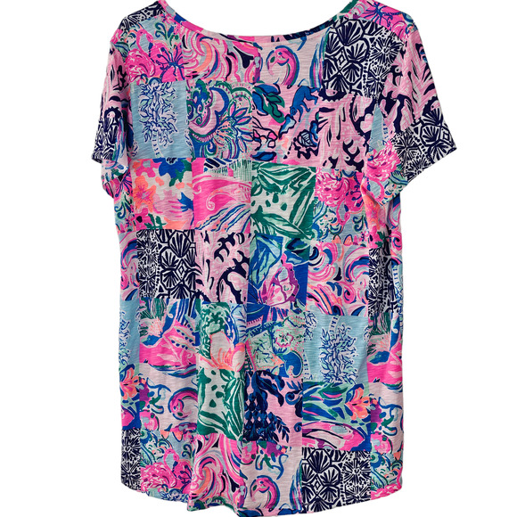 Top Lilly Pulitzer v neck short sleeve high lo multi color patchwork print Large - Picture 2 of 5
